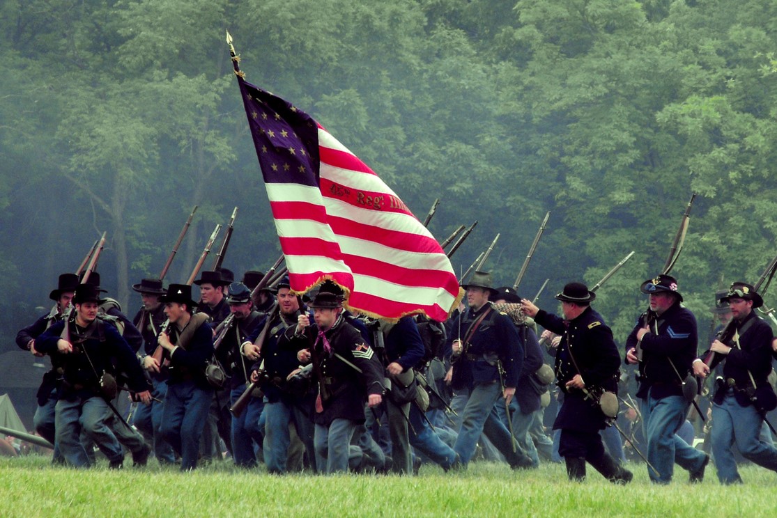 Civil War reenactment Lakewood Forest Preserve Wauconda Illinois. Picture taken on 07/09/16. Confederate troops are charge Union troops in the battle of Antietam (Also known as Sharpsburg) originally fought on 08/27/1862 in the great state of Maryland.