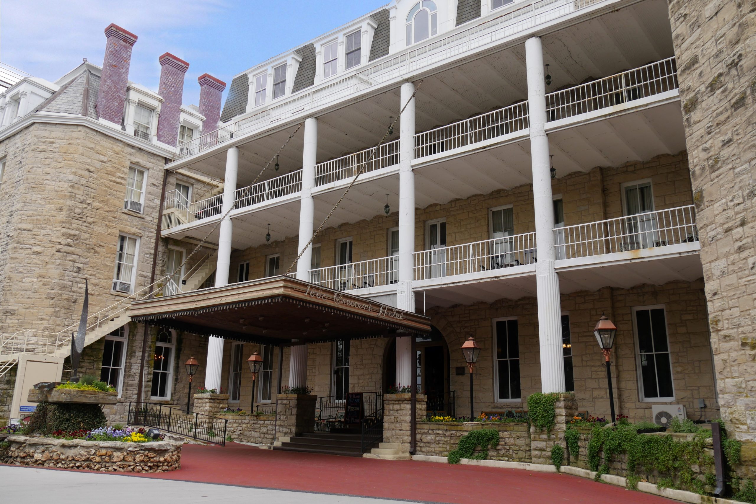 EUREKA SPRINGS, ARKANSAS—May 2017:  Front view of the Crescent Hotel &amp; Spa in Eureka Springs, Arkansas. Built in 1886, the Crescent Hotel is known as America’s most haunted hotel.